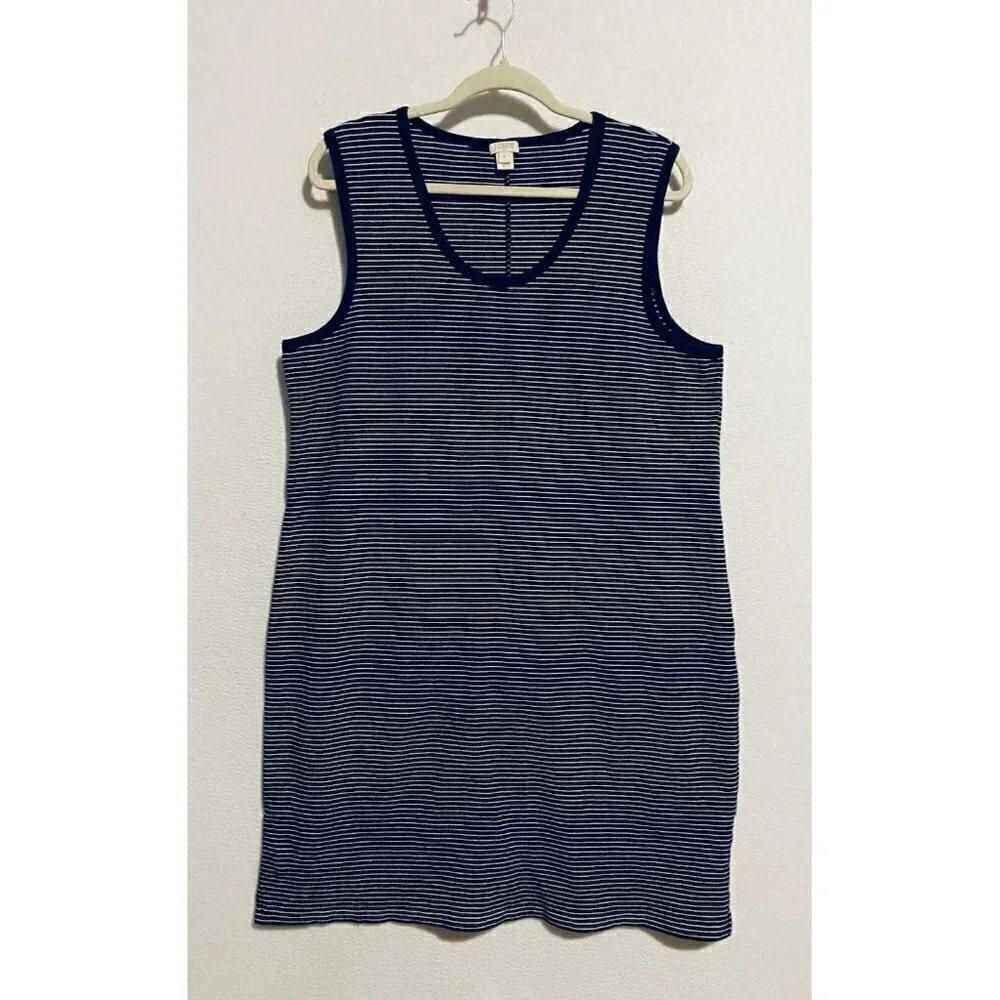 J Crew Tank Dress Womens XL Striped Sleeveless Navy Blue Nautical Cotton Stretch